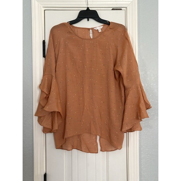 LC Lauren Conrad Blouse Top Large Orange Hearts Long Bell Sleeves Open Back - Picture 1 of 6